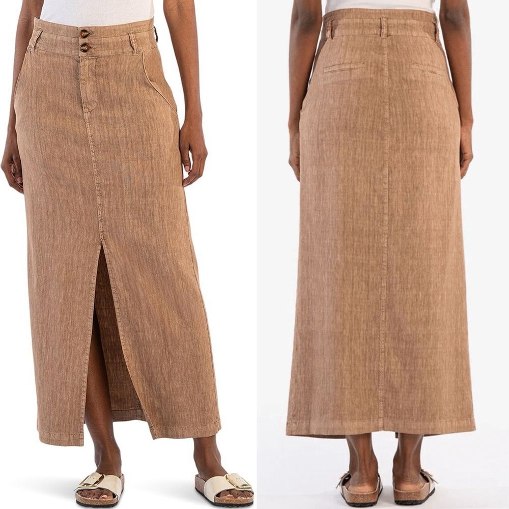 Linen Blend Freida Maxi Skirt Kut From The Kloth Front Slit In Wood 16